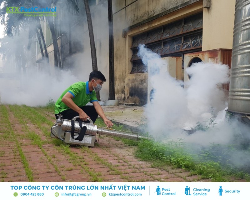 Kỹ thuật viên tiến hành phun mù nóng (nhiệt) để xử lý côn trùng ở những khu vực khó tiếp cận