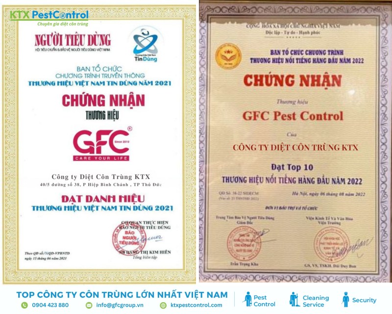 Giấy chứng nhận thành tích của Công ty Diệt Côn Trùng KTX