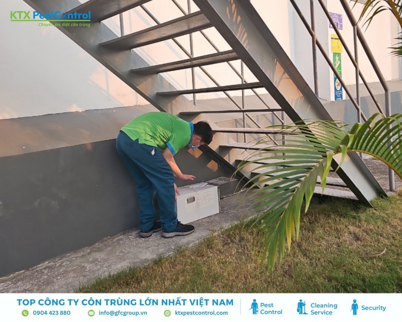 Kỹ thuật viên tiến hàng đặt bẫy tại kho xưởng